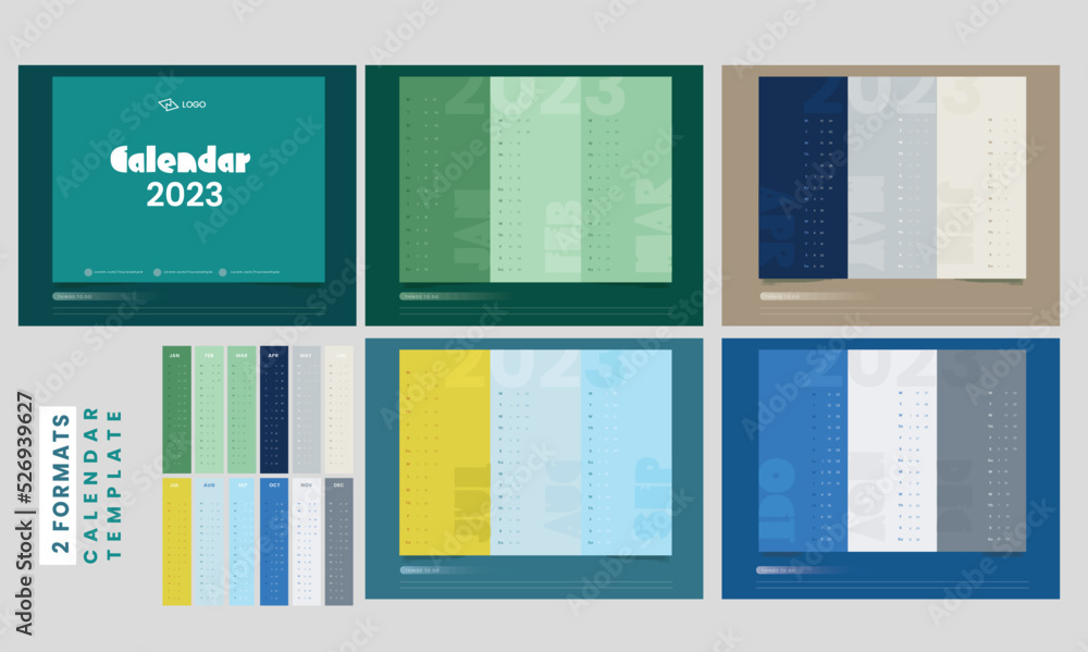 Poster 2 formats complete set of 12 month, 2023 calendar template layout for publishing.