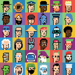 Set of faces in pixel style. Heads of different characters.