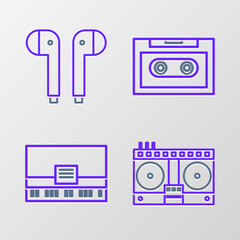 Set line DJ remote for playing and mixing music, Piano, Retro audio cassette tape and Air headphones icon. Vector