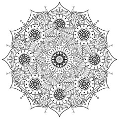Circular pattern in form of mandala for Henna, Mehndi, tattoo, decoration. Decorative ornament in ethnic oriental style. Coloring book page.