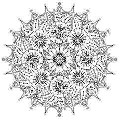 Circular pattern in form of mandala for Henna, Mehndi, tattoo, decoration. Decorative ornament in ethnic oriental style. Coloring book page.