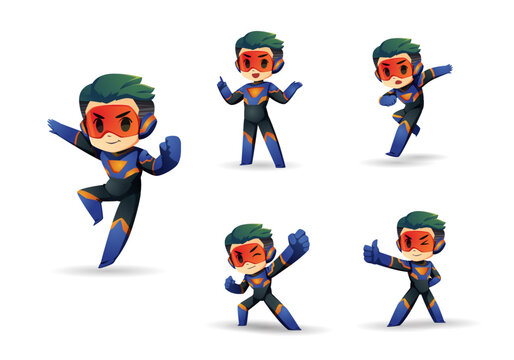 Fototapeta Blue black orange little Super Hero Boy Mascot Character Set