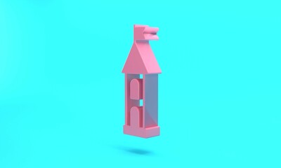 Naklejka premium Pink Castle tower icon isolated on turquoise blue background. Fortress sign. Minimalism concept. 3D render illustration