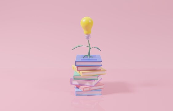 Light bulb tree growing from stack of books, increase knowledge for career growth or better opportunity concept, 3d render illustration.