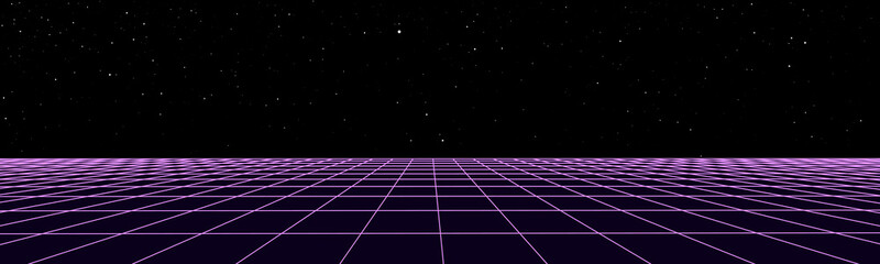 Digital retro perspective grid 1980s style. Futuristic cyber surface. 80s Retro Sci-Fi background. Album cover or banner in the style of the 80-90s Vector illustration. © Vitalii
