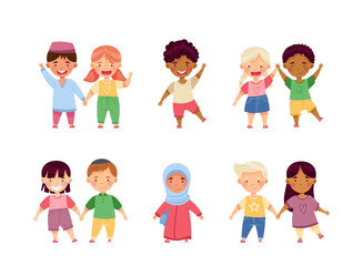 Cheerful Boy and Girl of Diverse Nationality Holding Hands and Smiling Vector Set