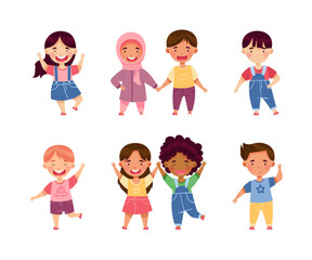 Cheerful Boy and Girl of Diverse Nationality Holding Hands and Smiling Vector Set