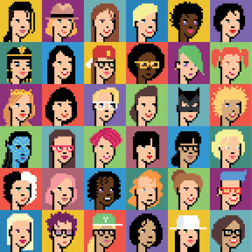 Set of women pixel avatars 