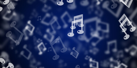 Abstract dark blue background with flying music notes - obrazy, fototapety, plakaty