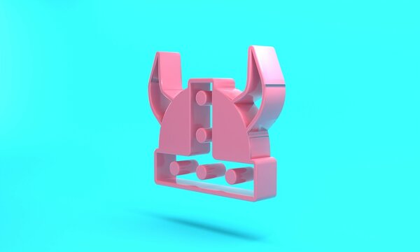 Pink Viking in horned helmet icon isolated on turquoise blue background. Minimalism concept. 3D render illustration