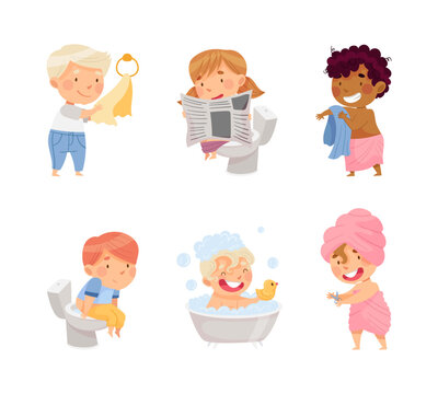 Little Kids Bathing in Bathtub, Sitting on Toilet Bowl and Drying with Towel in Bathroom Vector Set