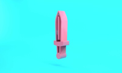 Pink Medieval sword icon isolated on turquoise blue background. Medieval weapon. Minimalism concept. 3D render illustration