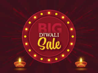 Diwali Big Sale Poster Design With Marquee Round Frame And Illuminated Oil Lamps (Diya) On Red Rays Background.