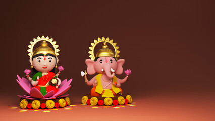 Naklejka na ściany i meble 3D Rendering Of Lord Ganesha And Lakshmi Worshipped Together On Brown Background.