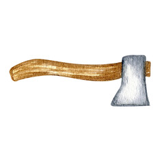 Wooden axe watercolor illustration on transparent background. Metal ax with handle made of wood, element for woodworking, lumberjack
