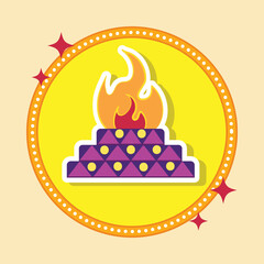 Sticker Style Burning Fire Pit (Yajna) Icon In Against Yellow Background.