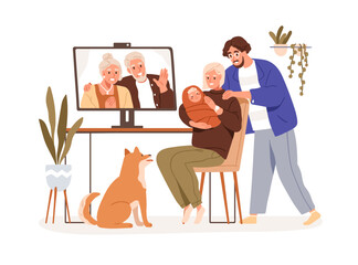 Family, parents with newborn baby during online video call with grandparents. Meeting, welcoming new born child, infant via internet. Flat graphic vector illustration isolated on white background
