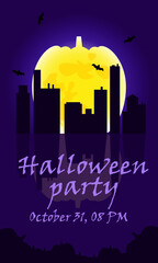 Halloween party  banner with pumpkin moon, bats and dark city buildings