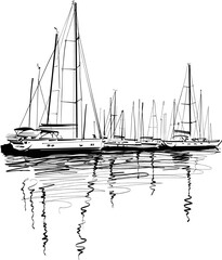 vector illustration of the yachts in the harbor - obrazy, fototapety, plakaty