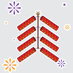 Sticker Style Bursting Firecracker Strip Over Fireworks Grey Background.