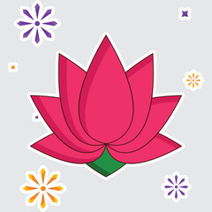 Sticker Style Red Lotus Flower Over Colorful Stars White Background.