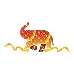 Red And Golden Square Geometric Cross Elephant Running With Ribbon On White Background.