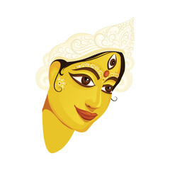 Yellow tryambake Goddess Durga Face Over White Background.