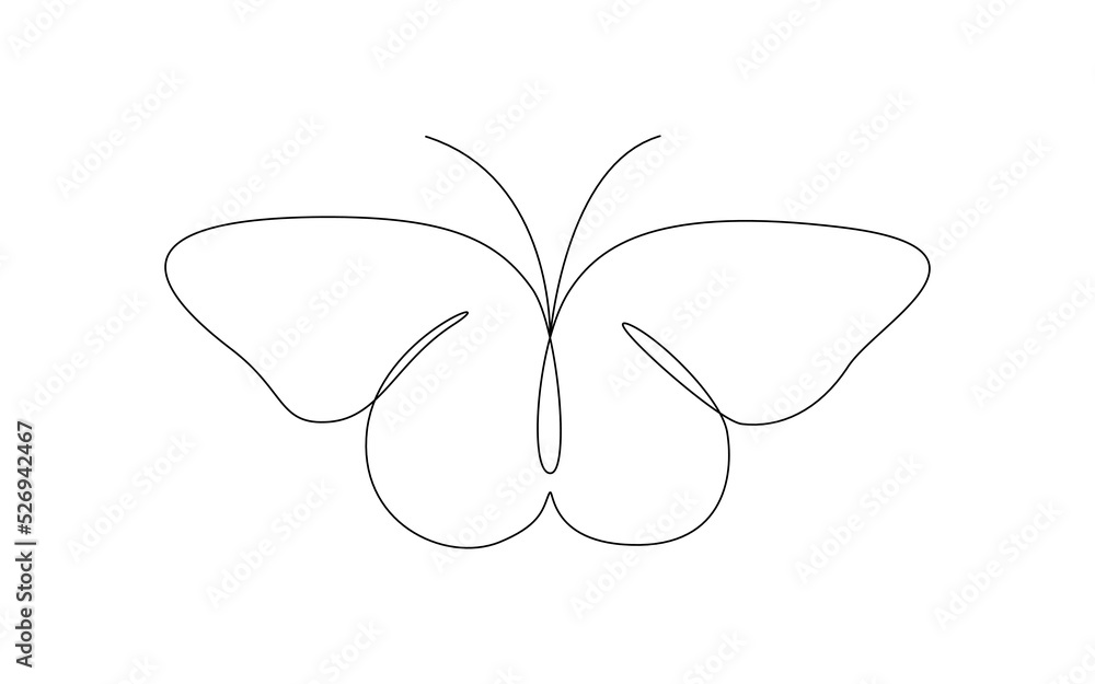 Poster butterfly in one continuous line drawing. beautiful flying moth for wellbeing beauty or spa salon lo