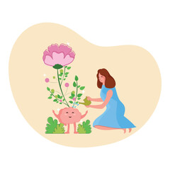 Young Girl Watering Plant Of Brain Against Beige And White Background For Water Psychology Concept.