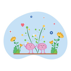 Vector Illustration Of Happy And Sad Heart Standing With Floral Nature View Against Background For Mental Health Day Concept.