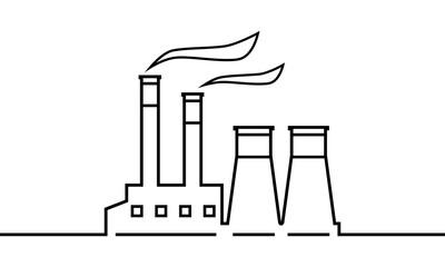 Line industrial factory or power plant (powerhouse) with smoke black outline icon flat vector design.