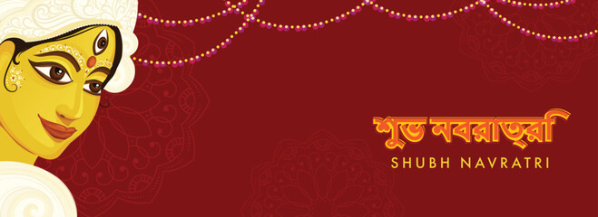 Happy (Shubh) Navratri Banner Or Header Design With Goddess Durga Maa Face On Red Mandala Pattern Background.