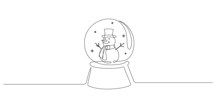 One continuous line drawing of Christmas crystal snow globe with snowman. Magic glass ball for winter xmas holiday concept in simple linear style. Editable stroke. Doodle vector illustration.