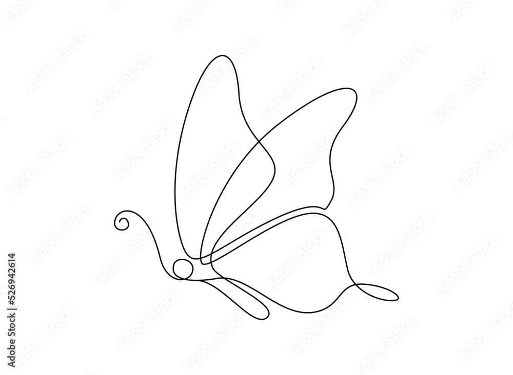 Poster butterfly in one continuous line drawing. beautiful flying moth for wellbeing beauty or spa salon lo