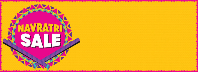 Navratri Sale Banner Or Header Design With Dandiya Sticks And Mandala Frame On Chrome Yellow Background.