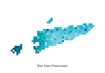 Vector isolated geometric illustration with simplified icy blue silhouette of East Timor (Timor-Leste) map. Pixel art style for NFT template. Dotted logo with gradient texture on white background