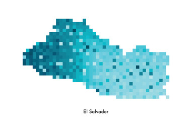 Vector isolated geometric illustration with simplified icy blue silhouette of El Salvador map. Pixel art style for NFT template. Dotted logo with gradient texture for design on white background