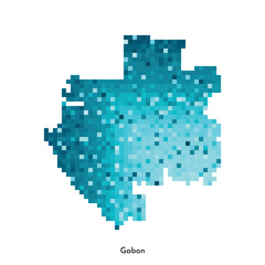 Vector isolated geometric illustration with simplified icy blue silhouette of Gabon (Gabonese Republic) map. Pixel art style for NFT template. Dotted logo with gradient texture on white background