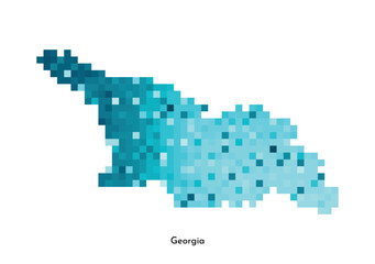Fototapeta premium Vector isolated geometric illustration with simplified icy blue silhouette of Georgia map. Pixel art style for NFT template. Dotted logo with gradient texture for design on white background
