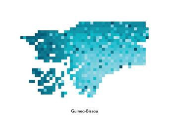 Vector isolated geometric illustration with simplified icy blue silhouette of Guinea-Bissau map. Pixel art style for NFT template. Dotted logo with gradient texture for design on white background