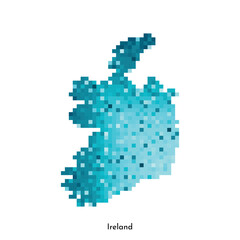 Vector isolated geometric illustration with simple icy blue shape of Ireland map. Pixel art style for NFT template. Dotted logo with gradient texture for design on white background