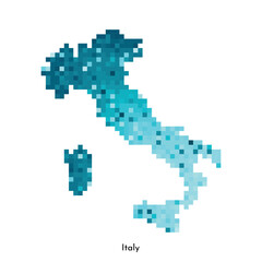 Vector isolated geometric illustration with simple icy blue shape of Italy map. Pixel art style for NFT template. Dotted logo with gradient texture for design on white background
