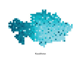 Vector isolated geometric illustration with simple icy blue shape of Kazakhstan map. Pixel art style for NFT template. Dotted logo with gradient texture for design on white background