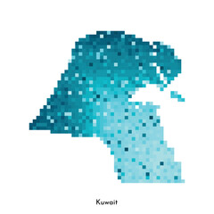 Vector isolated geometric illustration with simple icy blue shape of Kuwait map. Pixel art style for NFT template. Dotted logo with gradient texture for design on white background