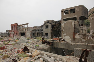 Abandoned Battleship island in Japan. Ruins of coal mining. 