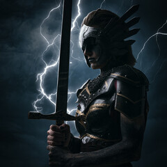Portrait of war goddes dressed in armor holding sword against heaven and thunderstorm.