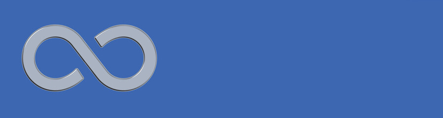 The sign of infinity is silver, isolated on a blue background. Symbol of infinity. Banner for insertion into site. Place for text cope space. 3D image. 3D rendering.