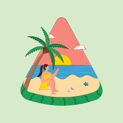 Summertime Watermelon Beach Concept On Sea Green Background.