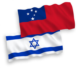 National vector fabric wave flags of Independent State of Samoa and Israel isolated on white background. 1 to 2 proportion.