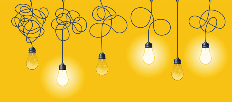 Decorative design lightbulb set. Messy lines and bulb. Idea concept with outline lamps. Doodles tangled cord with knot and illuminator